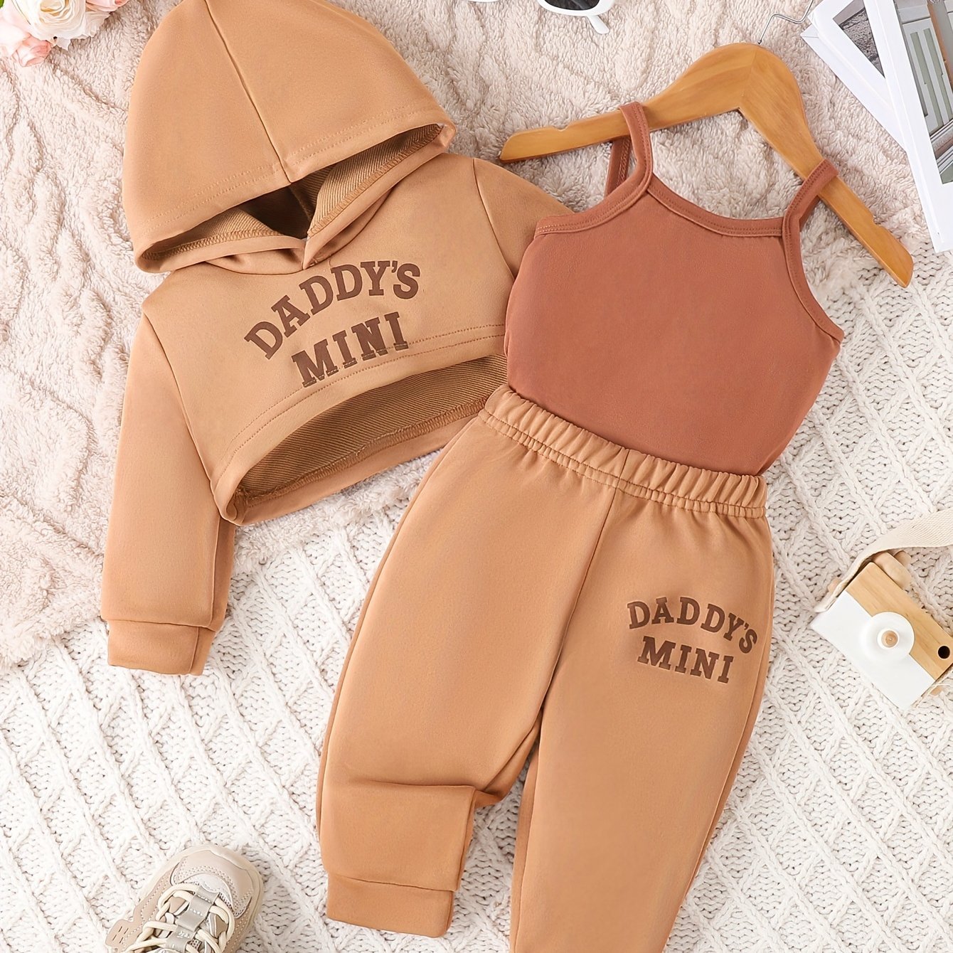 3PCS Baby Girl's Daddy's Mini Print Hoodie Cami Top Casual Pants Outdoor Set for Fall Winter