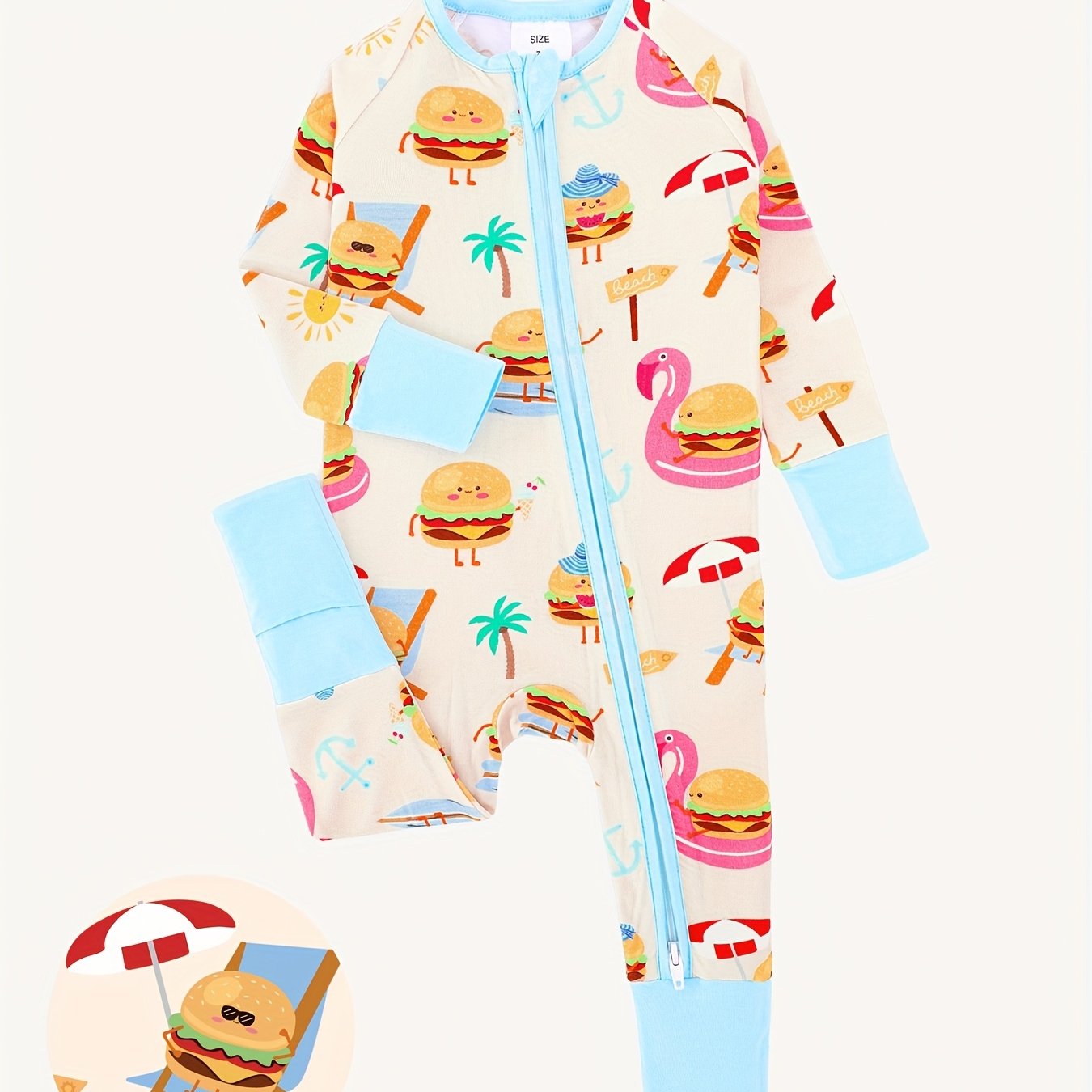 JUNBLEBABY Bamboo Fiber Long Sleeve Zipper Onesie - Soft & Comfortable - Summer Burger & Beach Print - Ideal for Outdoor Wear, Machine Washable