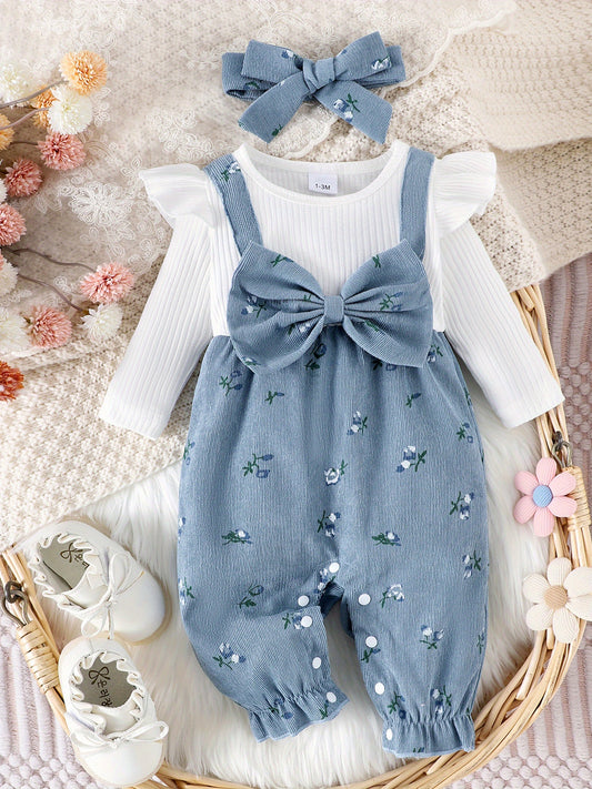 Floral Print Baby Romper Set Two Piece With Bow Headband