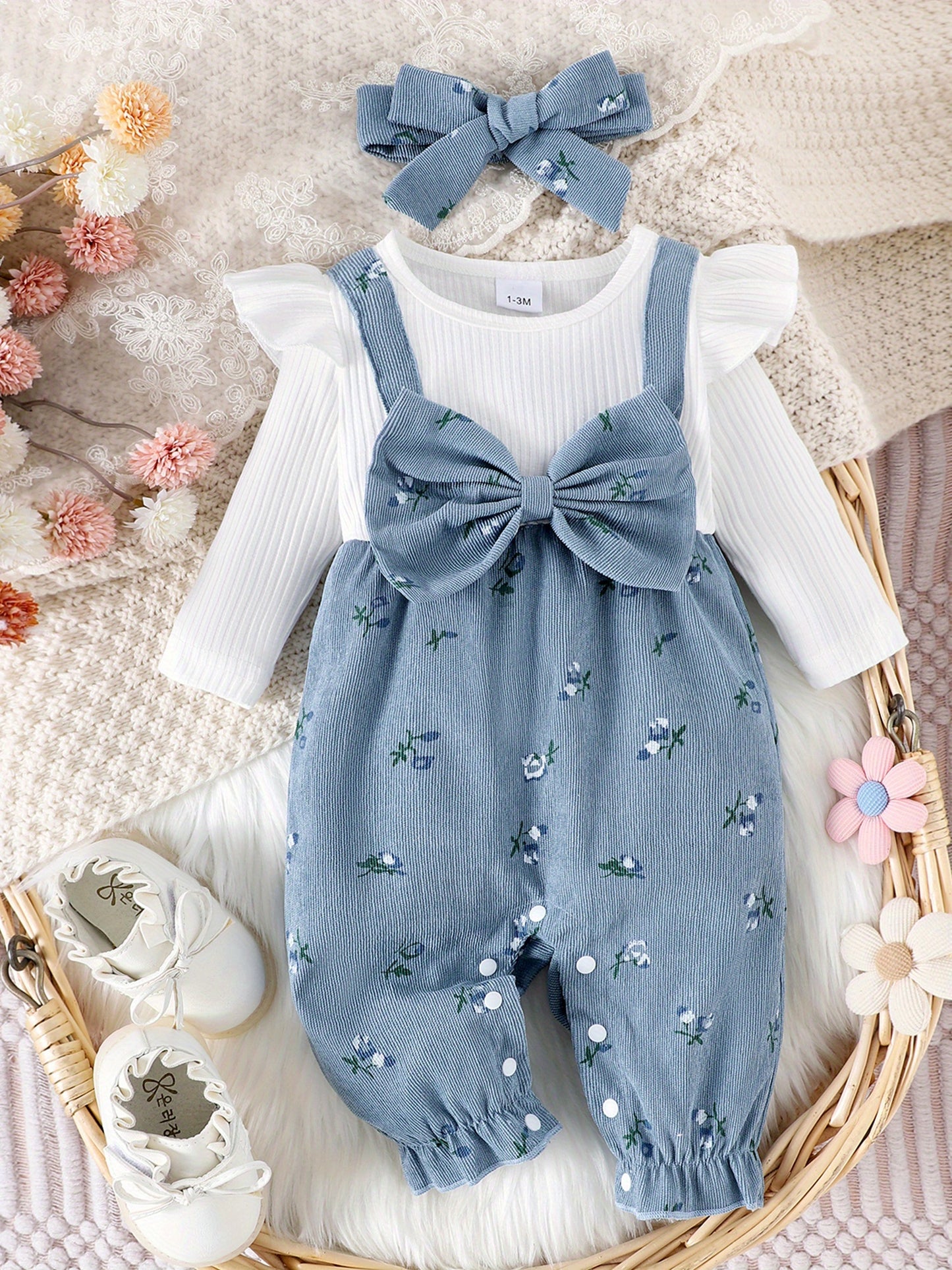 Infant Girls Floral Long Sleeve Romper Set With Headband