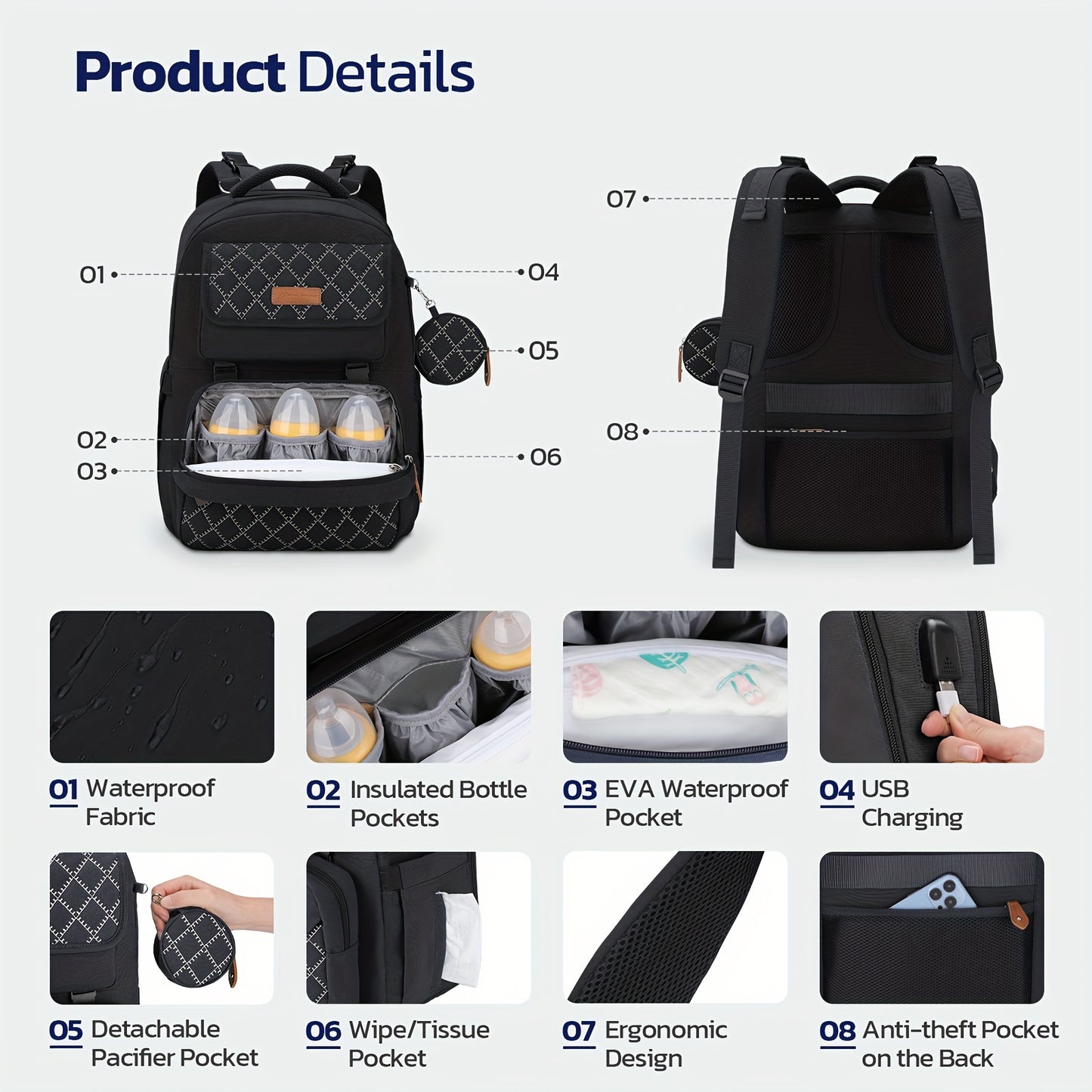 Expandable Diaper Backpack for Twins TSA Approved Stylish Black Baby Bag with Bottle Bag