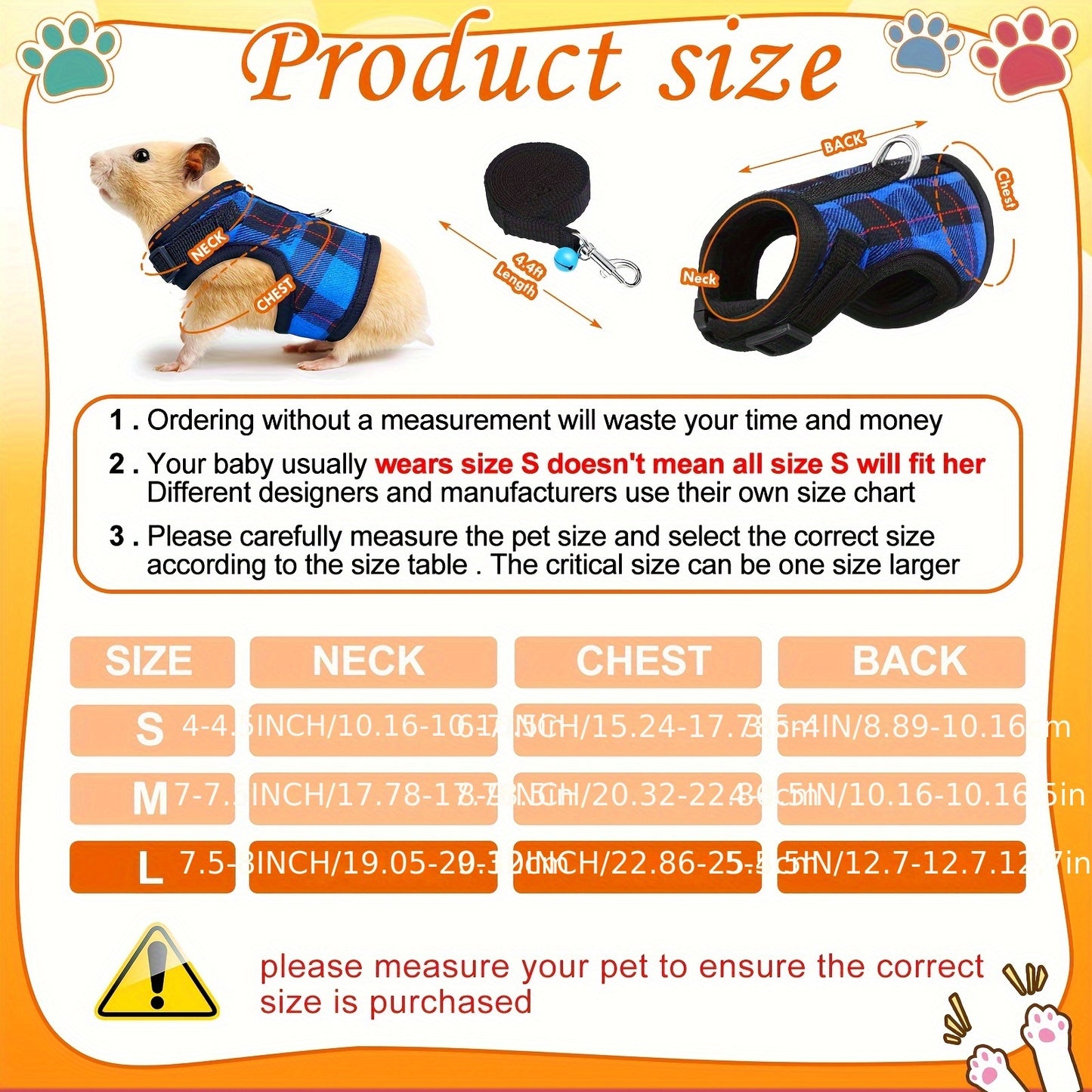 [2pcs Harness Set] 2pcs Adjustable No Pulling Harness And Leash Set | Plaid Hamster Harness With Safety Bell For Ferret Chinchilla And Similar Small Animals