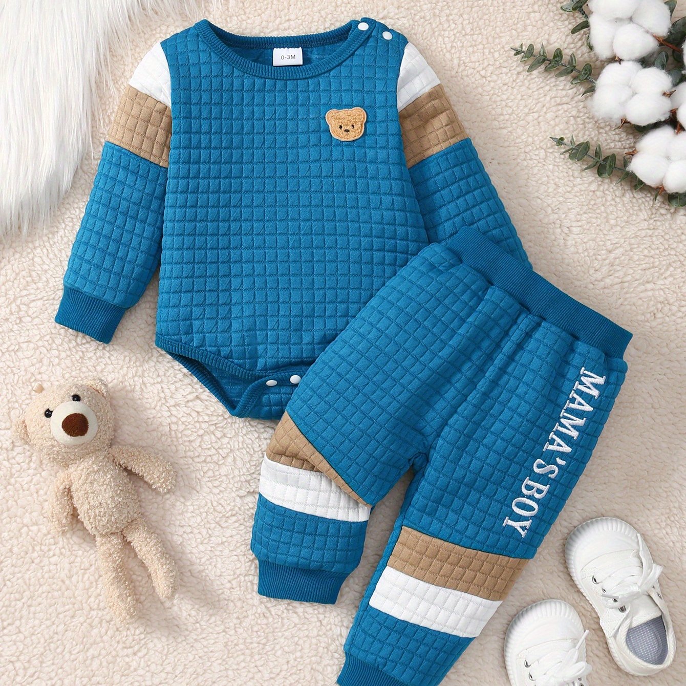 2pcs Baby Boy Pants Set, Teddy Bear Zhangzai Huafu Grid Contrasting Splicing Long Sleeved Shirt+mother's Boy Letter Embroidery Contrasting Pants Set, Newborn Autumn And Winter Cute Clothing, Perfect for Outdoor