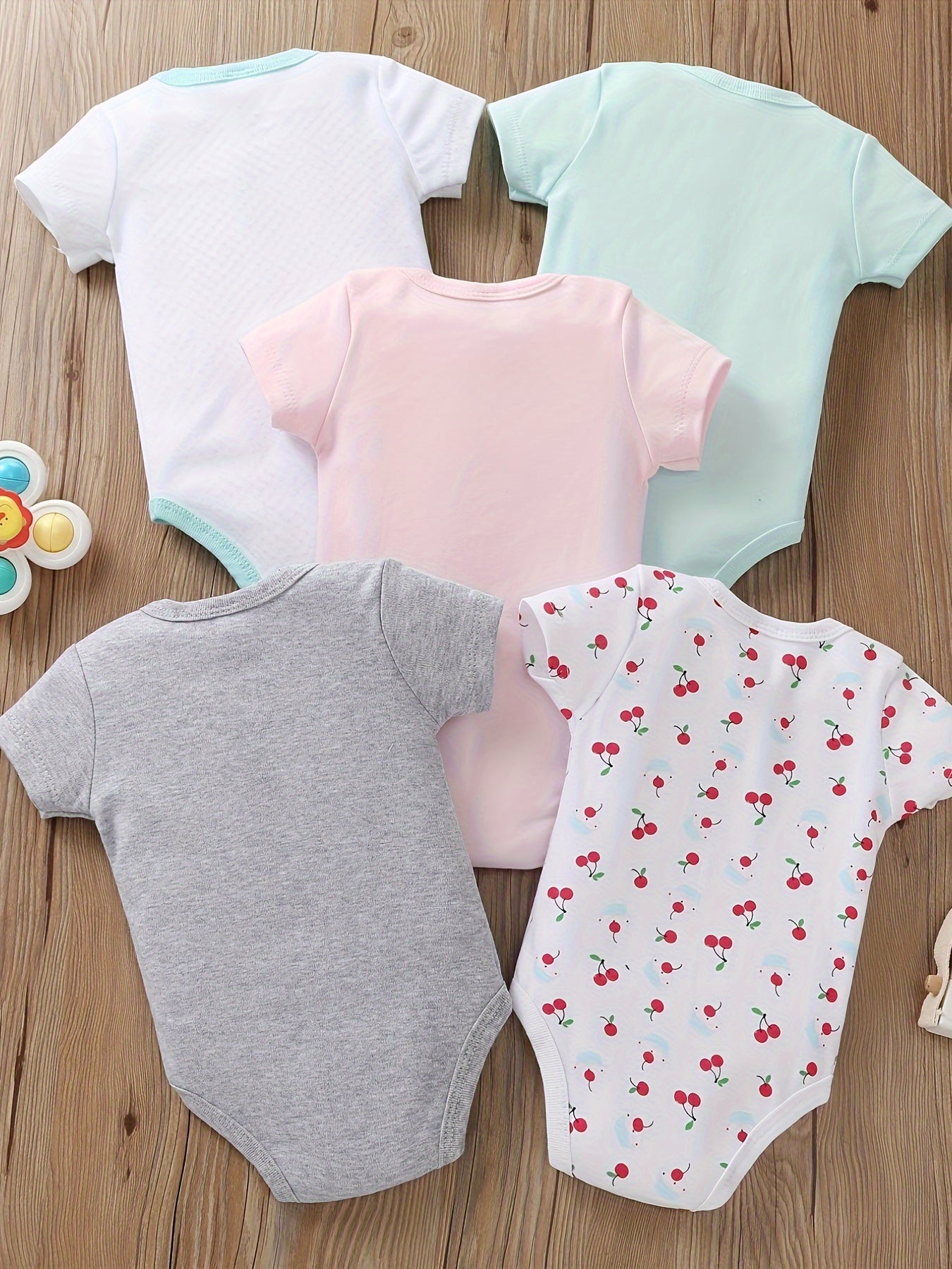 [5pcs Unicorn Romper] 5pcs Adorable Cotton Baby Girl Romper Set - Short Sleeve, Machine Washable, Perfect for All Seasons, Outdoor