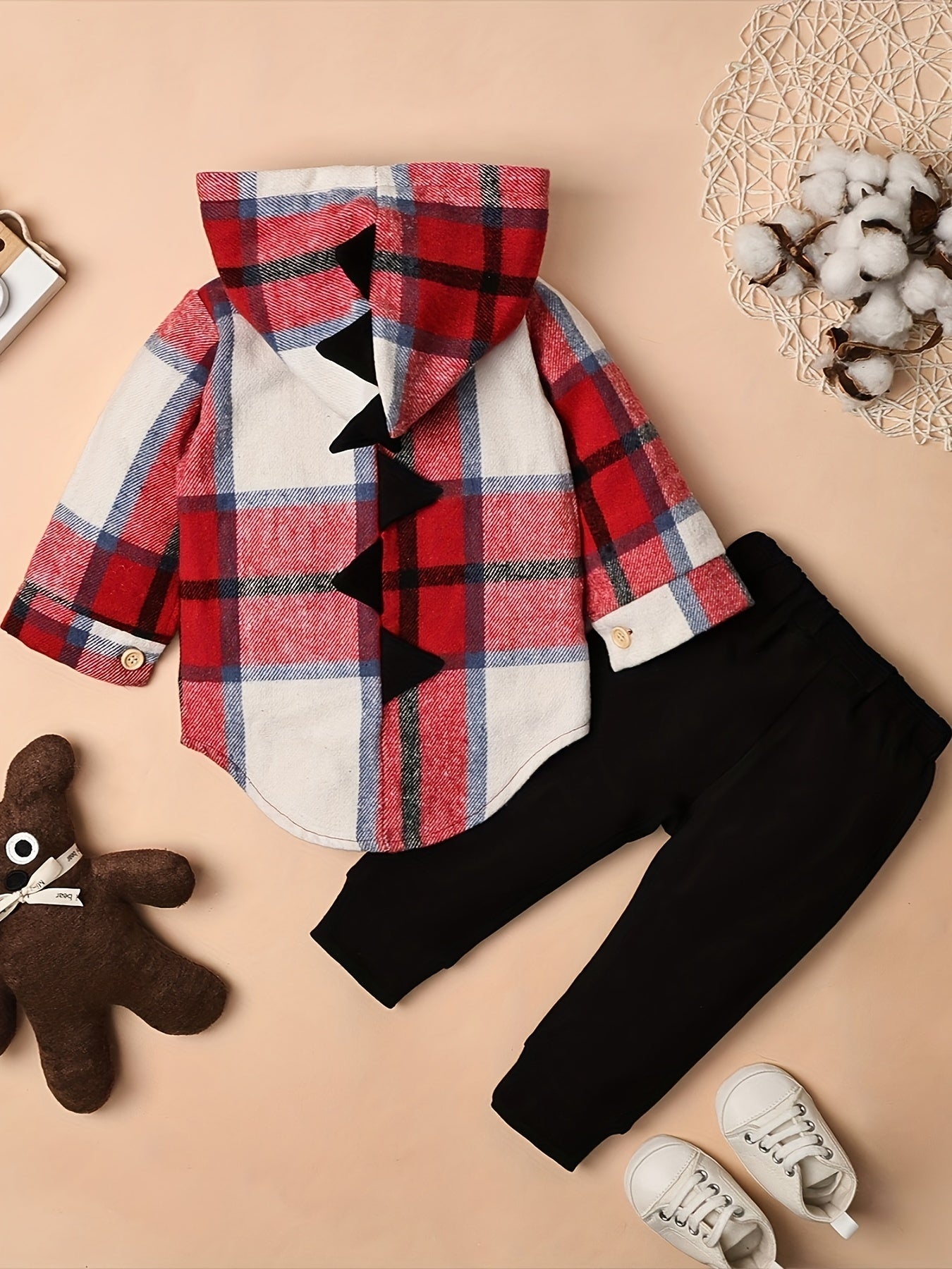 Toddler Boy Plaid Dinosaur Hoodie and Pants Set for Fall and Winter Ages 6 Months to 5 Years