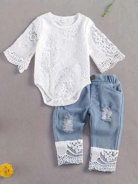 Coquette Baby Outfit 3Pc Lace Romper Denim Set Headband