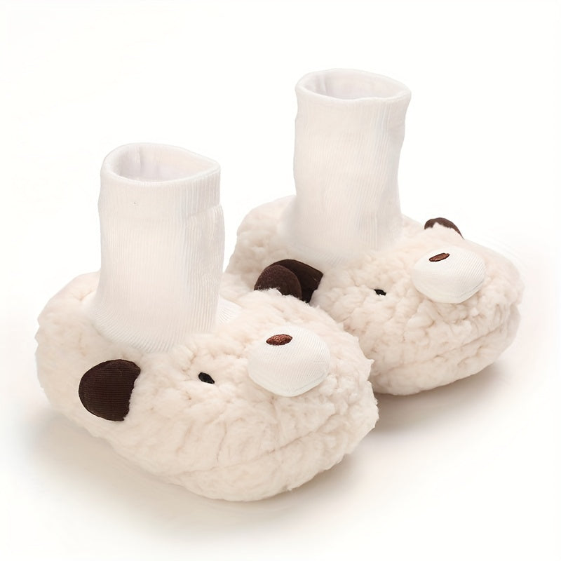 Cute Cartoon Animal Sock Shoes for Newborns, Warm Fleece-Lined Slip-On Footwear, Fabric Upper/Inner/Sole, Casual Street Style, with Sewing Thread Detail, for Indoor & Daily Use, Fall/Winter Season, Baby Shoes