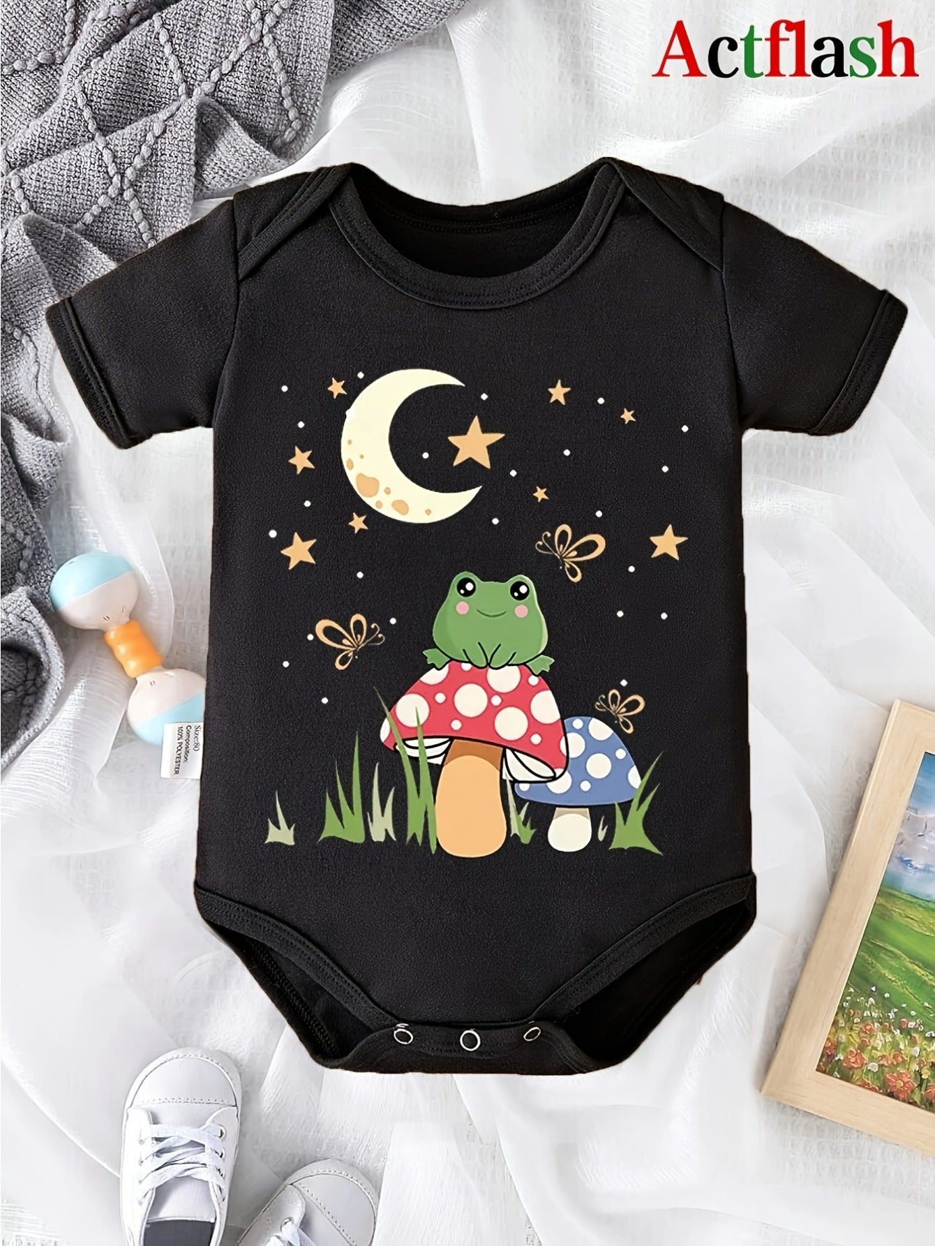 Cute Frog and Moon Cartoon Print Baby Romper for Boys Soft Cotton Summer Wear