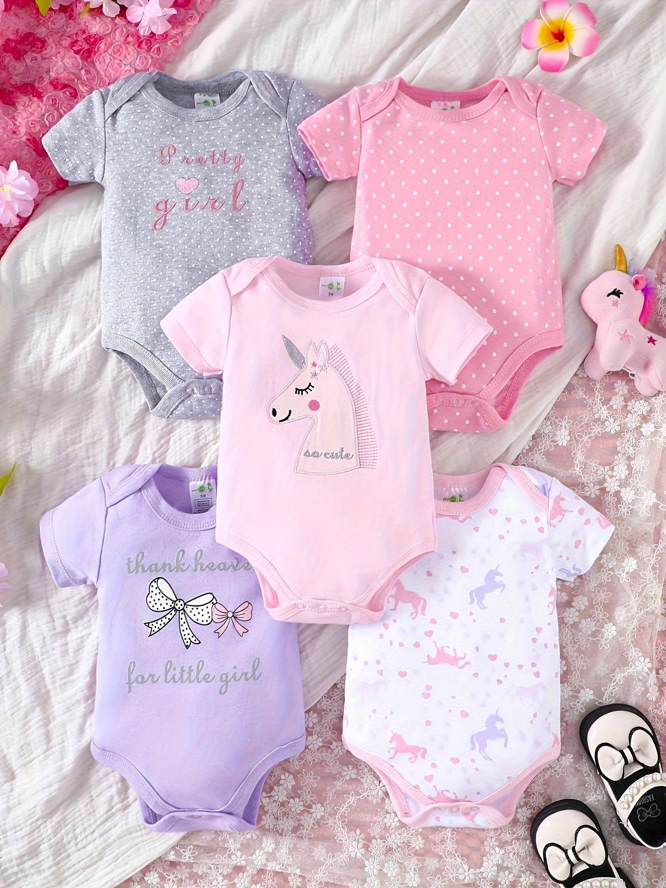 [5pcs Unicorn Romper] 5pcs Adorable Cotton Baby Girl Romper Set - Short Sleeve, Machine Washable, Perfect for All Seasons, Outdoor