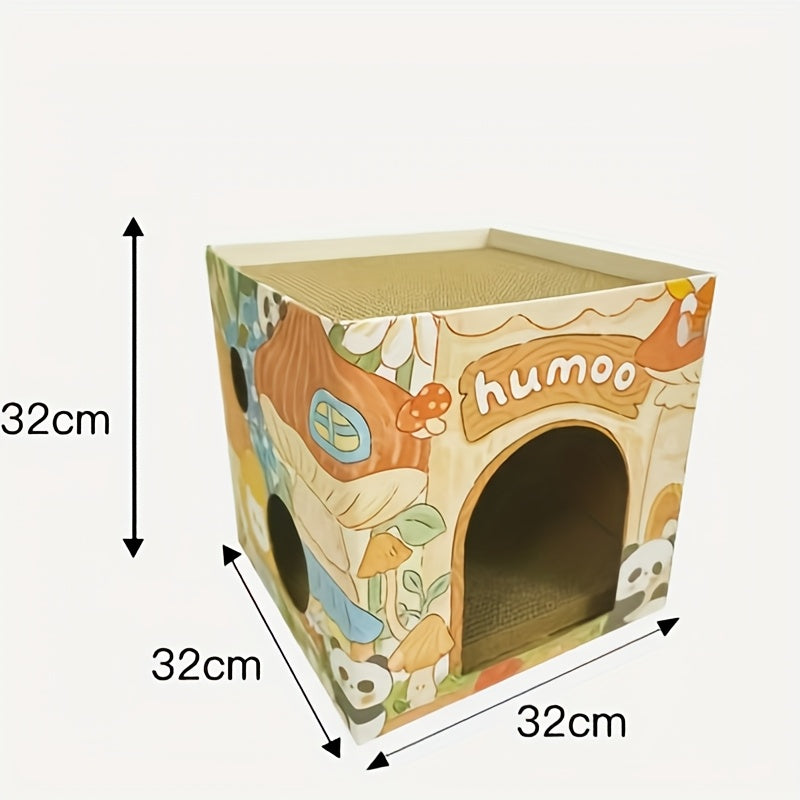 Double Layer Foldable Cat House 2 in 1 Corrugated Scratcher Bed with Castle Design