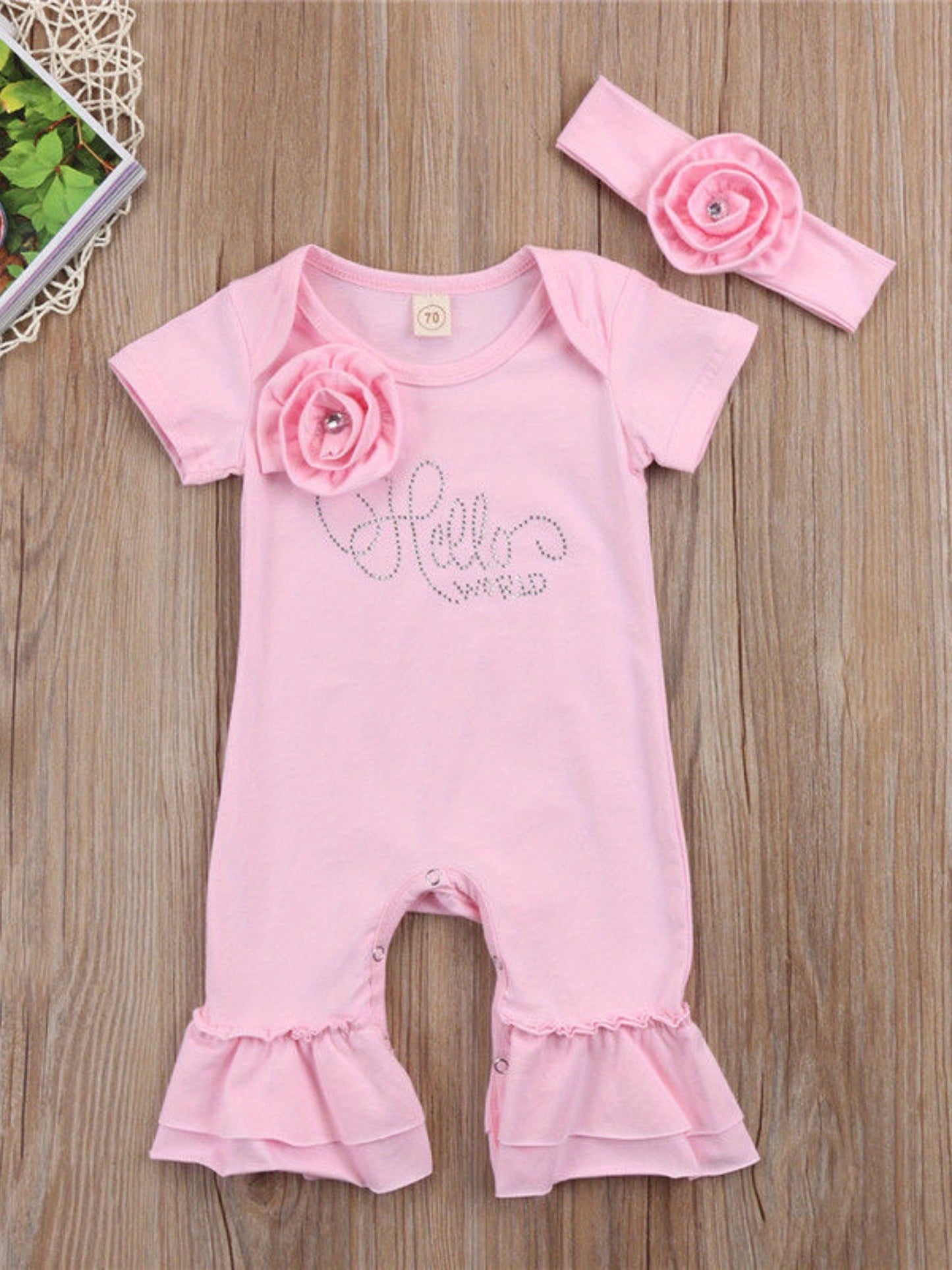 [Cotton Baby Romper] Soft Cotton Baby Girl's Floral Romper with Headband | Short Sleeve Bodysuit with Ruffled Hem & "Hello Baby" Print | Perfect for Summer, Outdoor