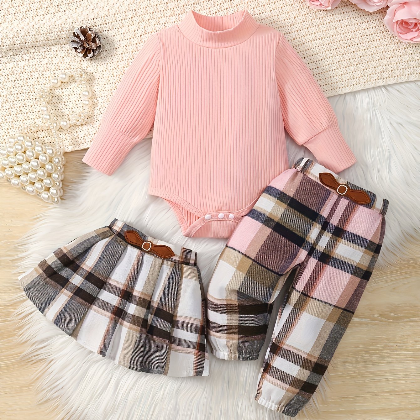 Baby Girl Velvet Embroidered Set With Plaid Skirt And Pants