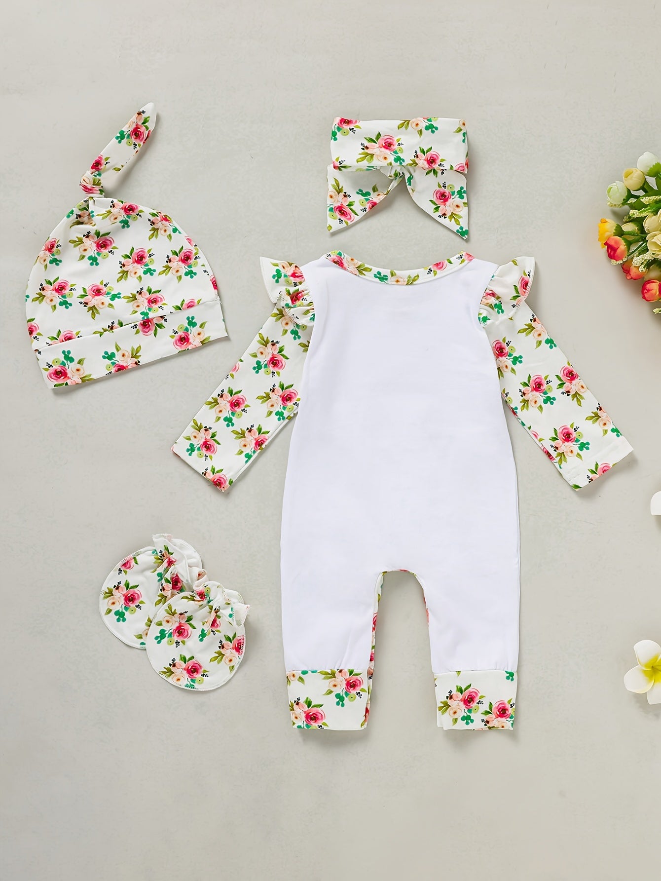 [Floral Baby Romper] Floral Newborn Baby Girl Romper | Infant Letter Print Bodysuit Jumpsuit+Hat+Headband+Gloves Coming Home Clothes Outfits