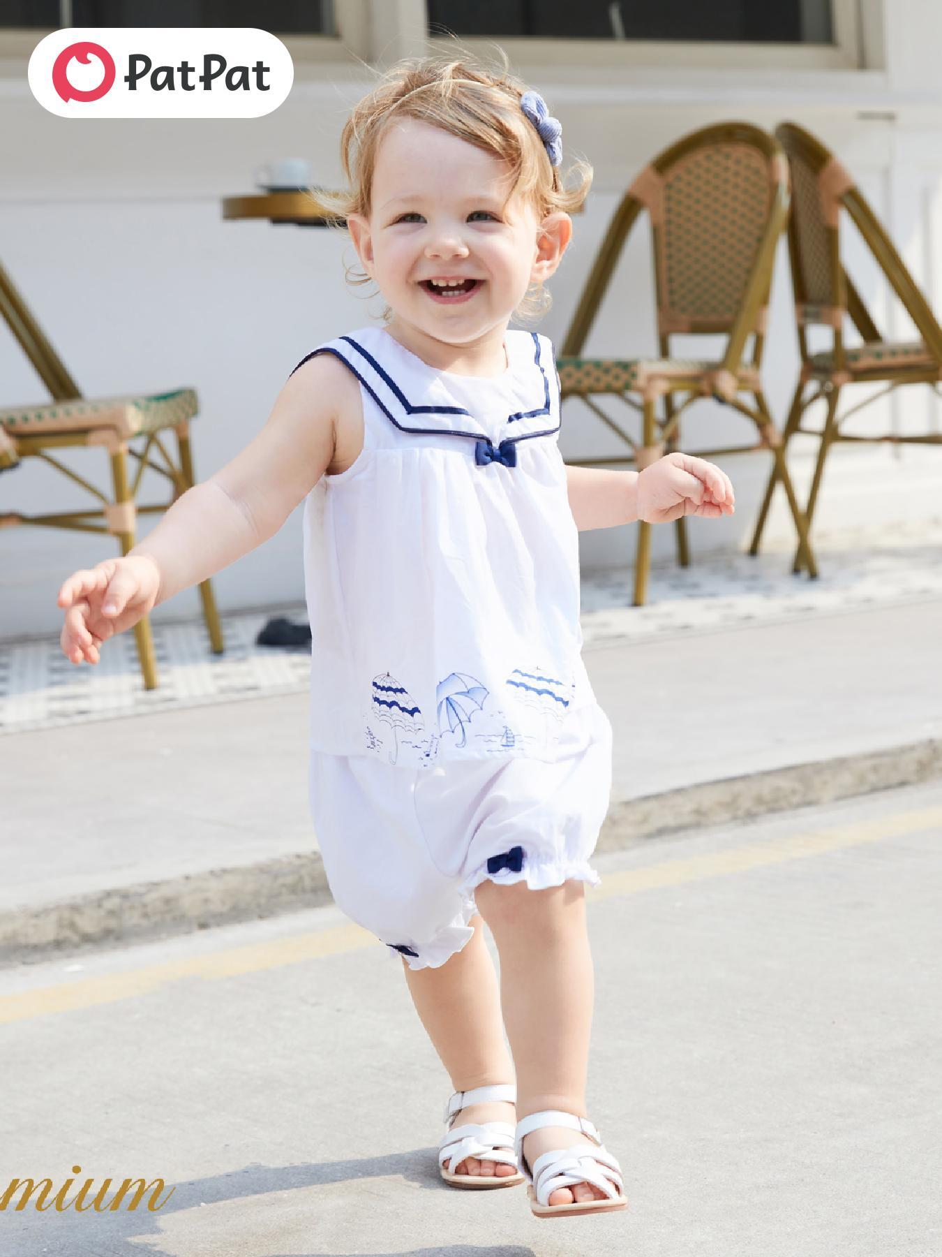 PatPat 2pcs Baby Girl Bow Decor Statement Collar Umbrella Print Sleeveless Top and Elasticized Shorts Set For Spring Summer, for Outdoor