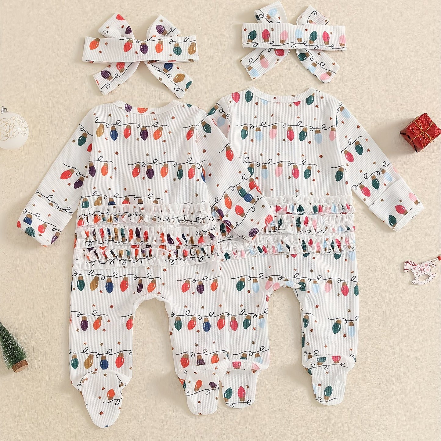 Baby Girls Long Sleeve Frills Jumpsuit Headband Footies