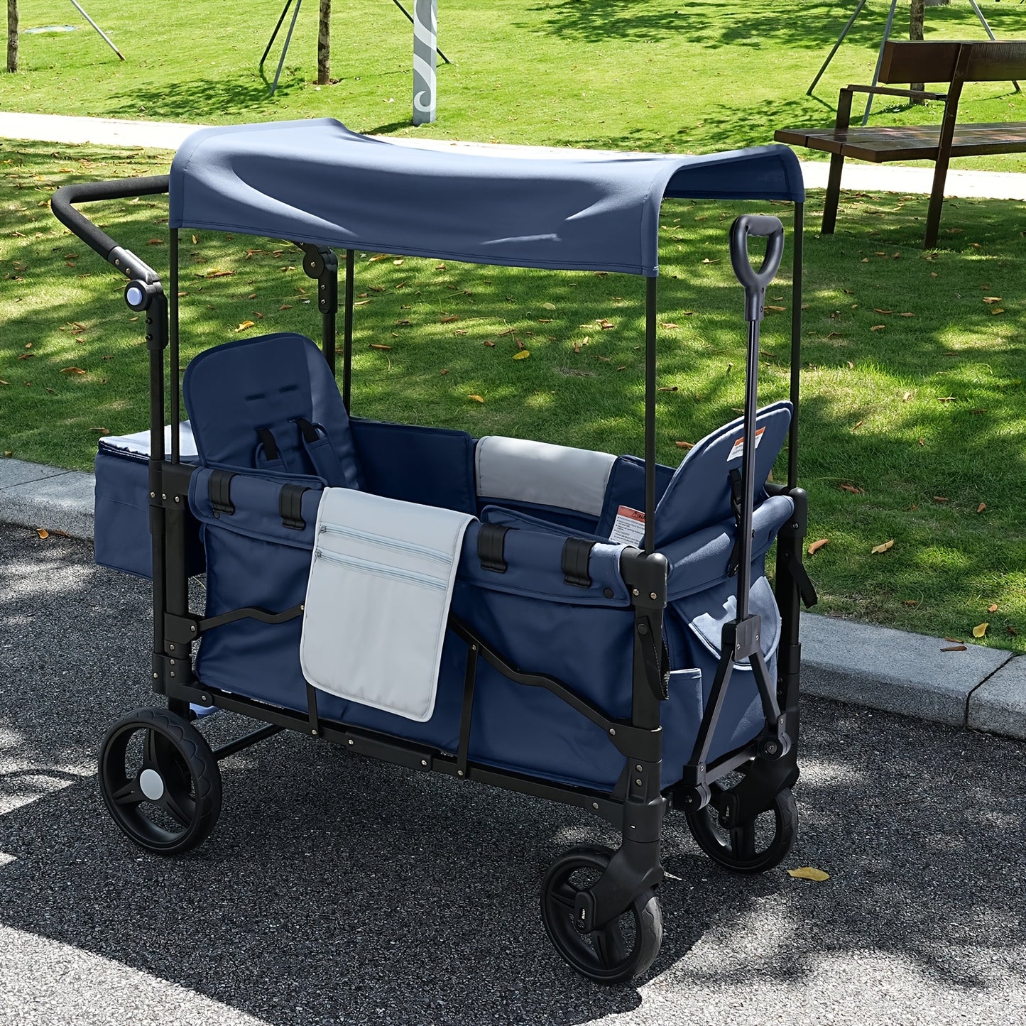 Folding Stroller Wagon Collapsible Wagon For 2 Kids, Baby Wagon Stroller With Adjustable Handle For Infants Toddlers Includes Canopy & Organizer, Foldable Convenient For Storage, Outdoor Garden Beach