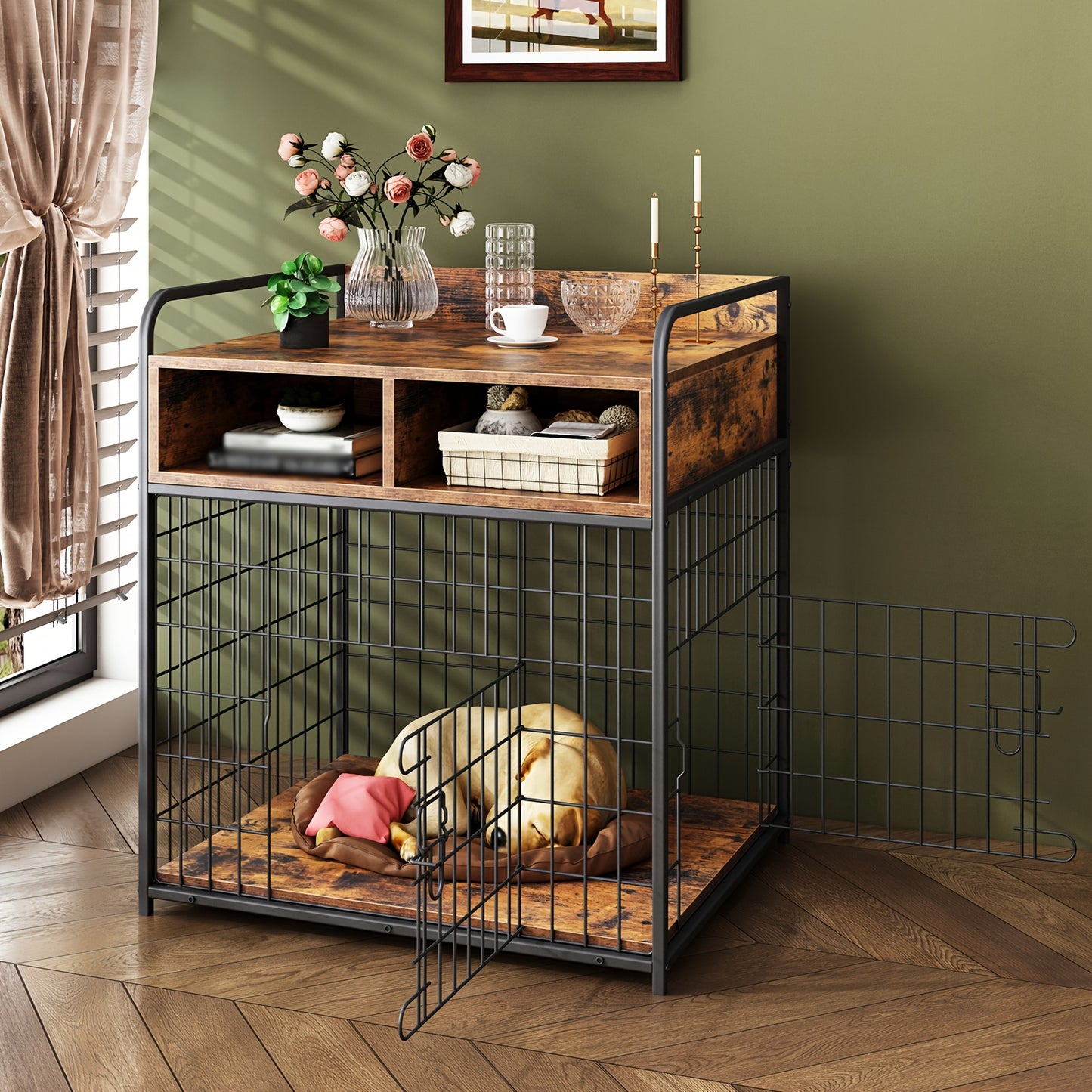 Saudiism Heavy Duty Wooden Dog Crate for Small Dogs with Drawers and Soft Interior