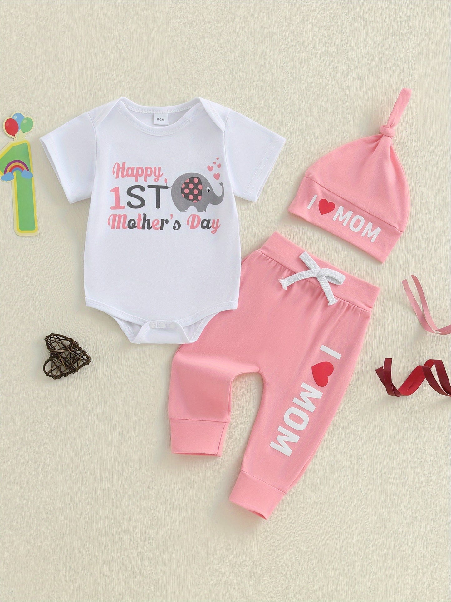 3pcs Newborn Baby Summer Outfit Dinosaur Elephant Romper Long Pants Hat Set