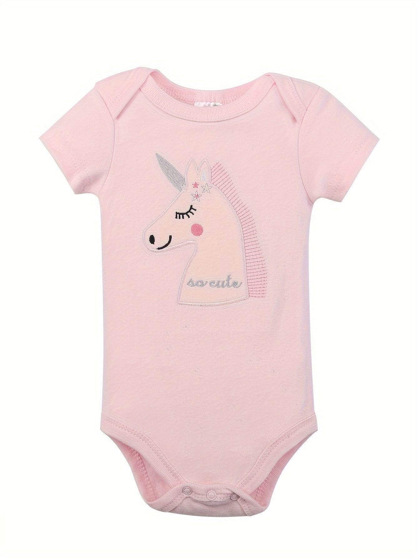 [5pcs Unicorn Romper] 5pcs Adorable Cotton Baby Girl Romper Set - Short Sleeve, Machine Washable, Perfect for All Seasons, Outdoor