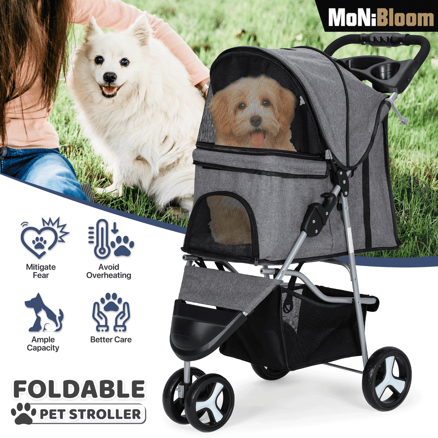 MoNiBloom Foldable Dog Strollers for Small Dogs with Weather Cover, 3 Wheels Pet Strolling Cart for Dogs and Cats with Storage Basket and Cup Holder, Breathable and Visible Mesh for All-Season