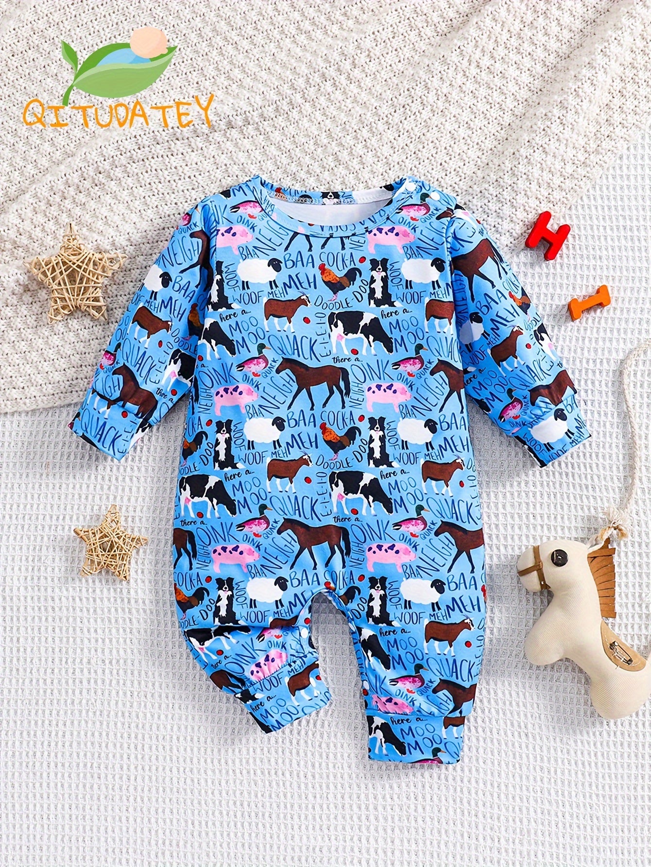 Adorable Farm Animal Print Long Sleeve Romper for Boys and Girls Soft Polyester Blend