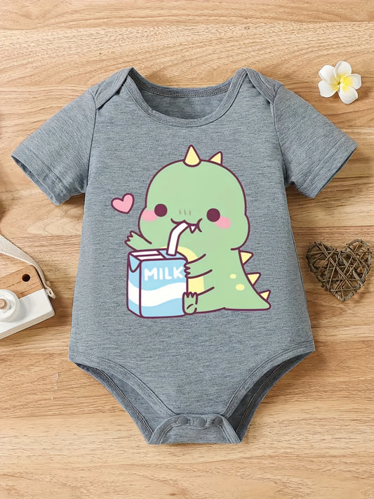 Adorable Green Dinosaur Cartoon Print Baby Onesie Soft Knit Summer Romper for Girls
