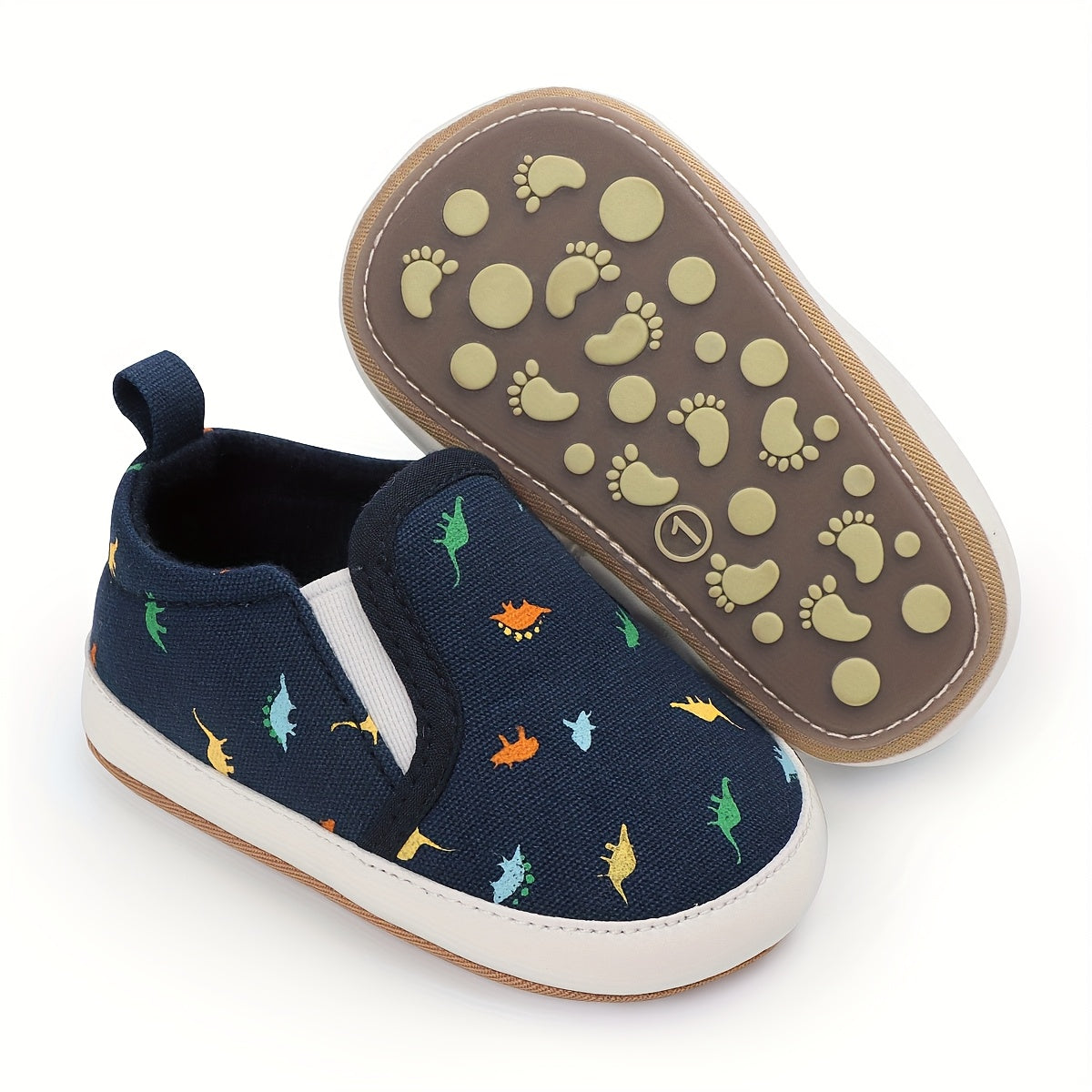 Infant Baby Boys Girls First Walker Sneakers - Soft Anti-Slip Rubber Sole, Slip-On Canvas Shoes with Cartoon Patterns (Navy/Beige/Gray) for Newborn Toddlers 0-18 Months, Breathable Fabric Lined Interior, Casual Baby Footwear
