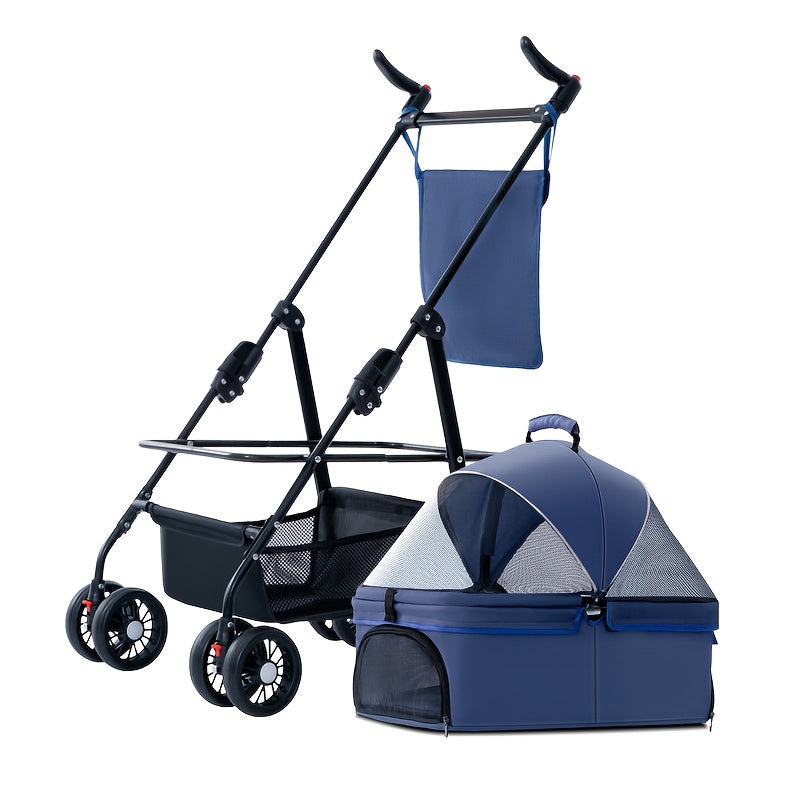 1pc Durable Pet Stroller for Small to Medium Dogs & Cats - Portable, Foldable with Metal Frame & Oxford Fabric, Blue & Black with Mesh Side Pocket, Carry Bag & Removable Tray for Travel, Dog Stroller