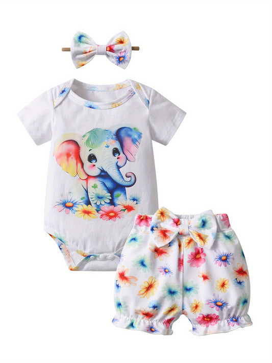 Summer Baby Girl Elephant Print Clothes Set Short Sleeve Romper+Short Pants+Bow Headband Newborn Infant Outfit