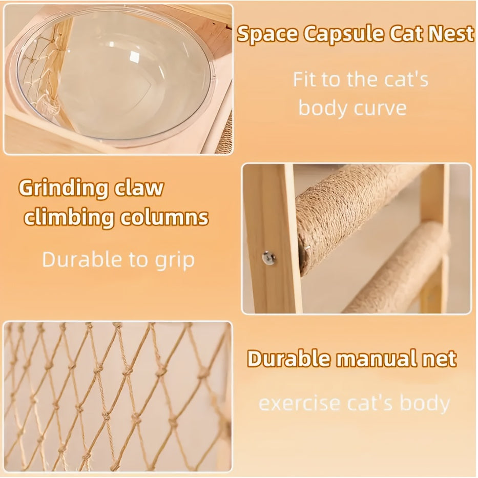 Wooden Cat Tower, Space Capsule Cat Tree with 2 Scratching Posts and Climbing Net Cat Toys, Summer Cat Bed, Indoor Cat Fort Tower Tree for Multiple Cats and Pet Stores, Wooden Cat Nest Jumping Platform Cat Scratcher Integrate