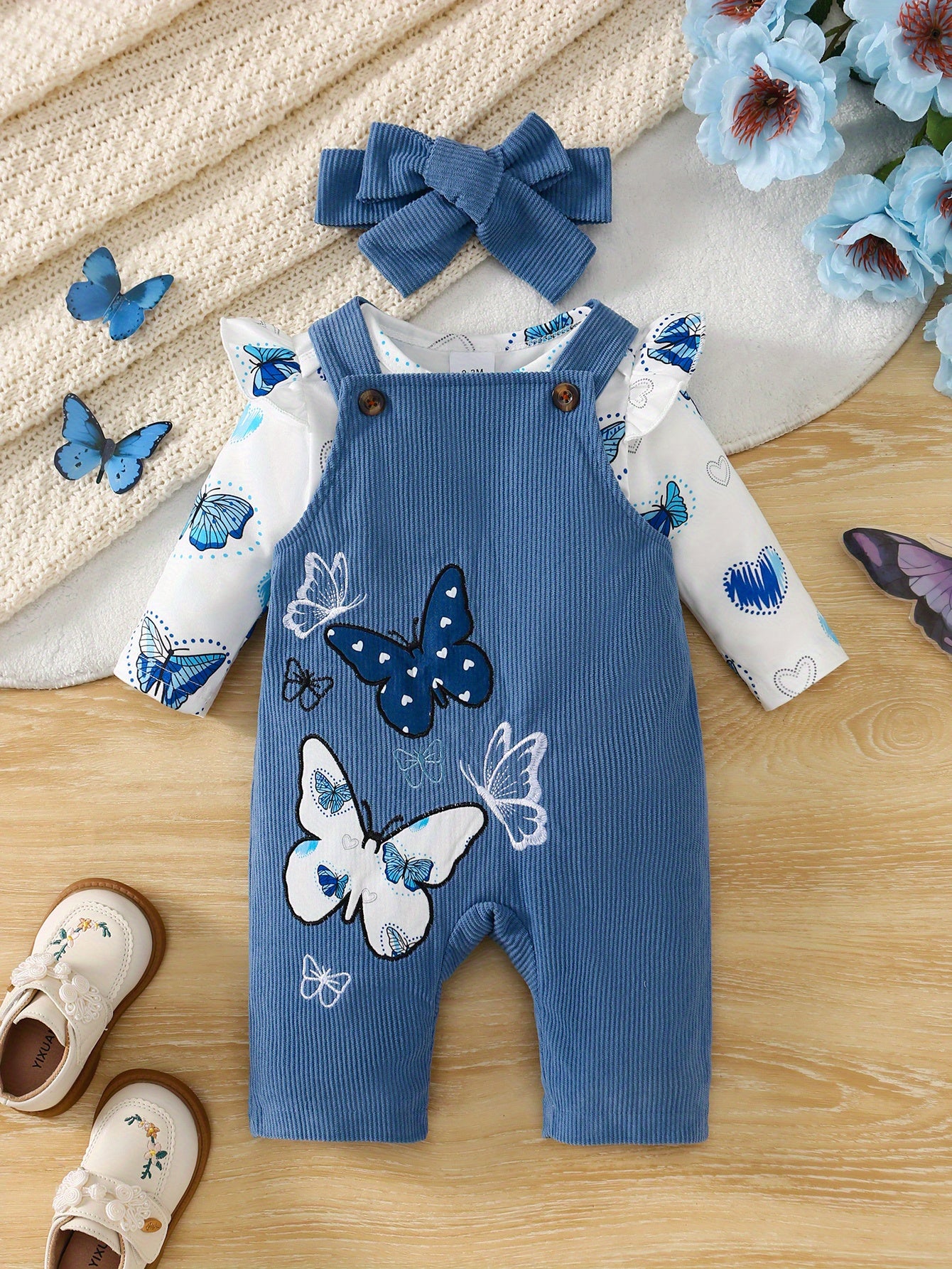 Three Piece Baby Girl Butterfly Print Set With Pants