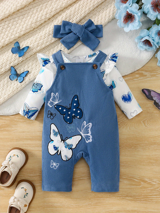 Three Piece Baby Girl Butterfly Print Long Sleeve Outfit Set