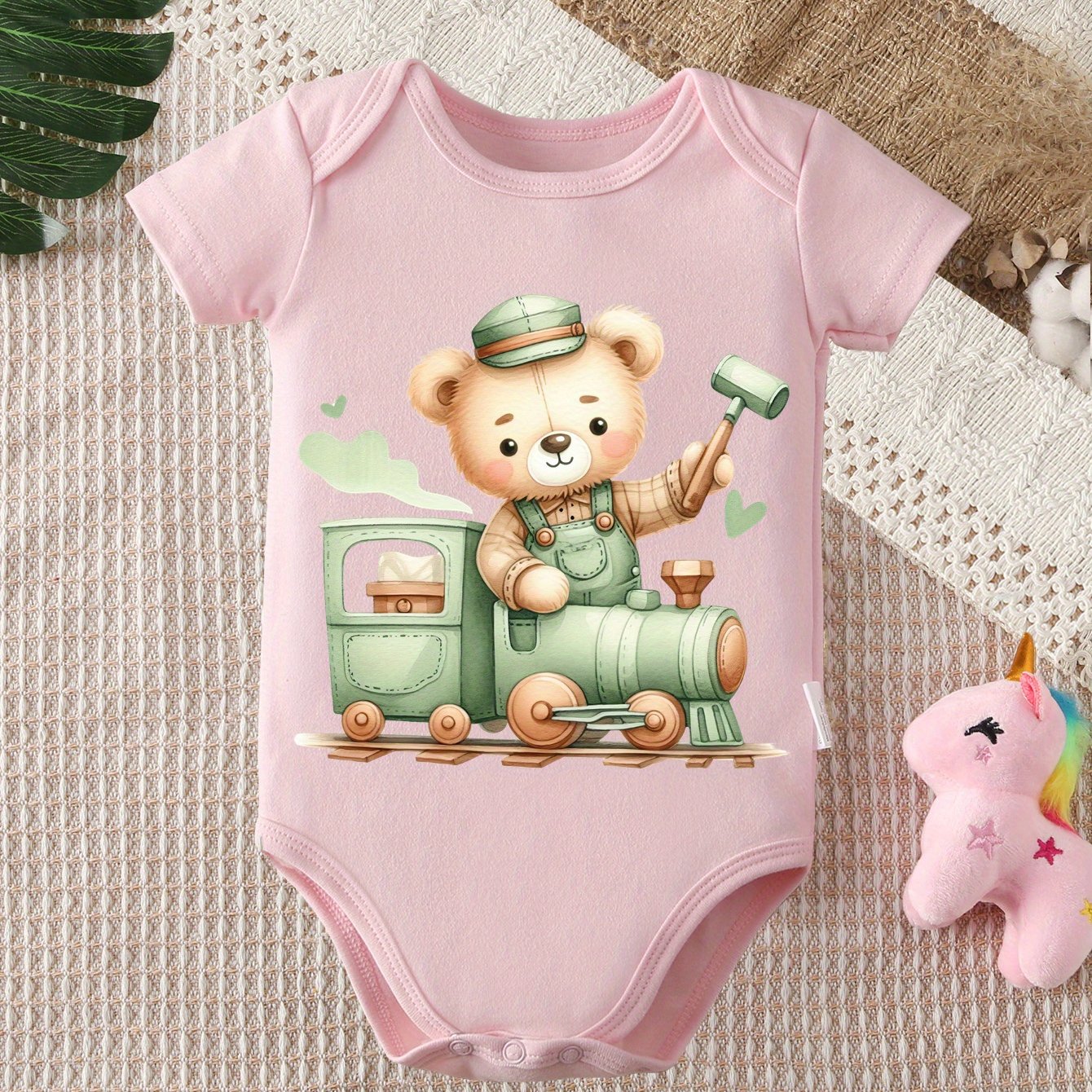 Cute Cartoon Bear Print Short Sleeve Romper for Babies 0-12 Months Soft Cotton Unisex