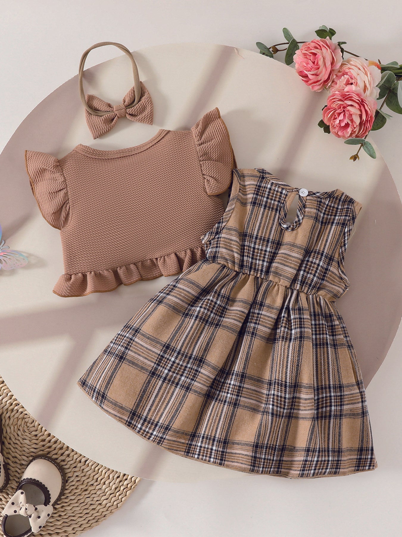 Toddler Girl Plaid Dress Set with Bow Decor and Ruffle Sleeves for Spring Summer Fun