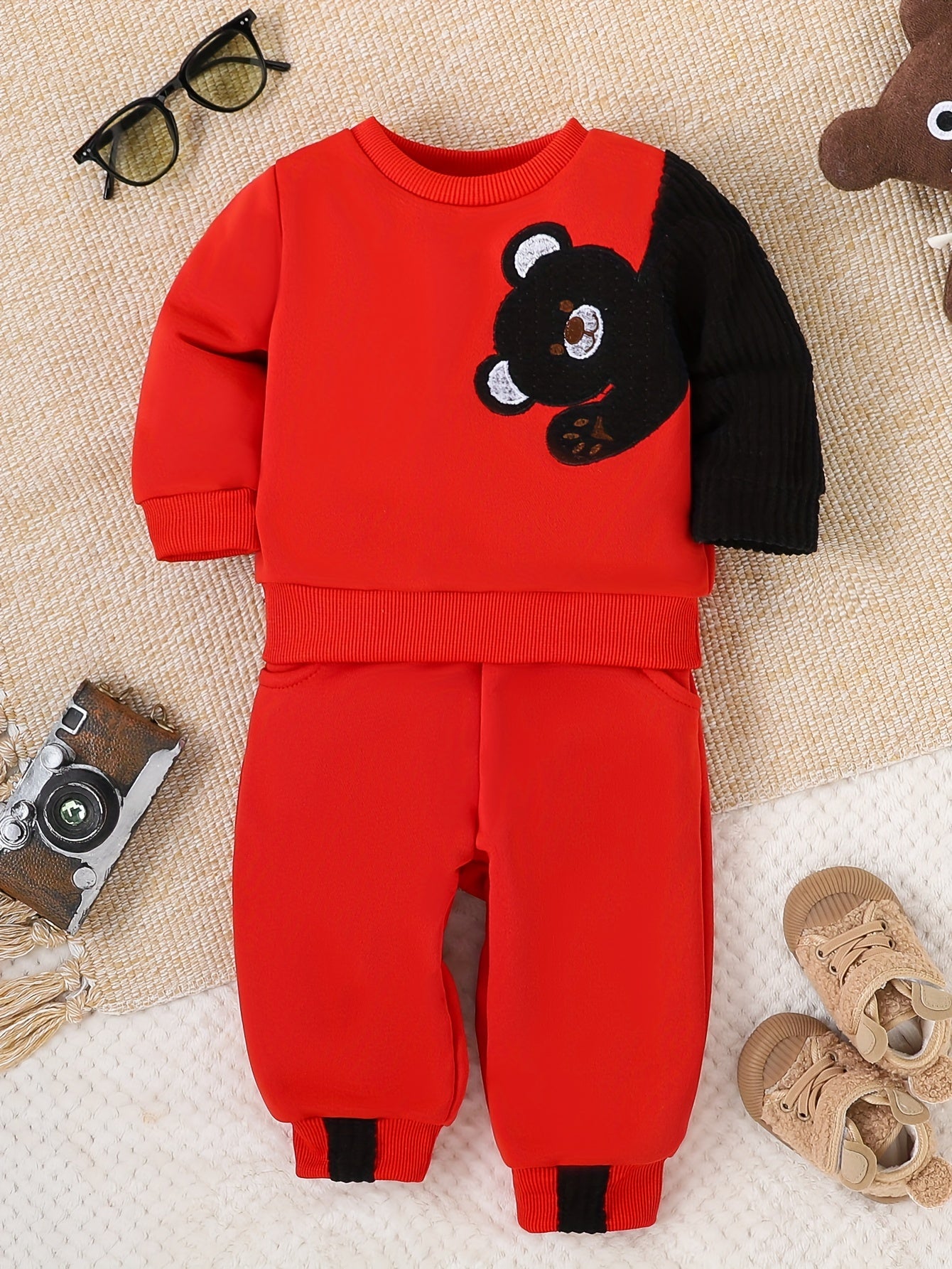 Baby Boys Cute Bear Embroidery Sweatshirt And Sweatpants 2pcs Fall Winter Outfit