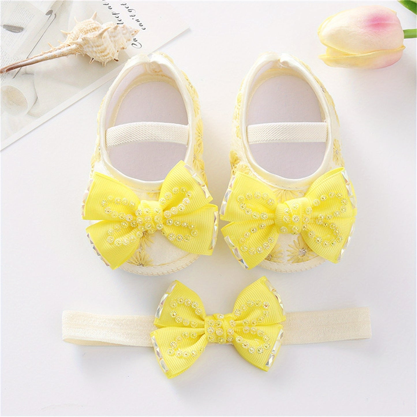 Mary Jane Flats Beaded Bow Princess Shoes Dress Walking Shoes and Headband