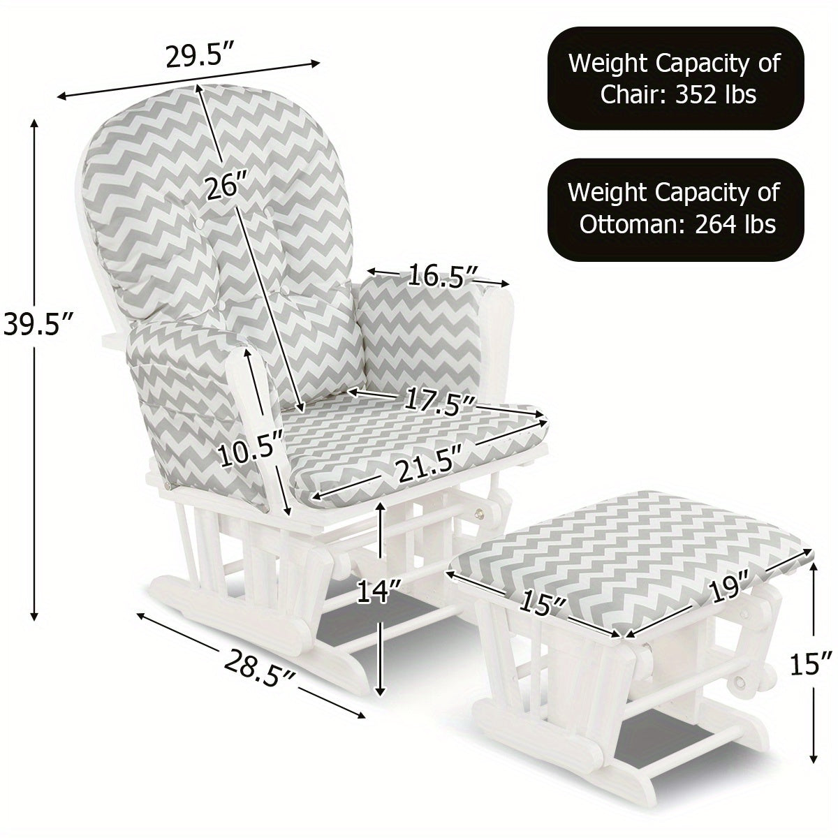 MAXMASS Glider and Ottoman Set, Rocking Chair & Ottoman Set with Solid Wooden Frame & Smooth Rocking Motion, Detachable Padded Cushion with Storage Pocket, Rocker Nursery Furniture for Nursing Baby, Reading, Napping