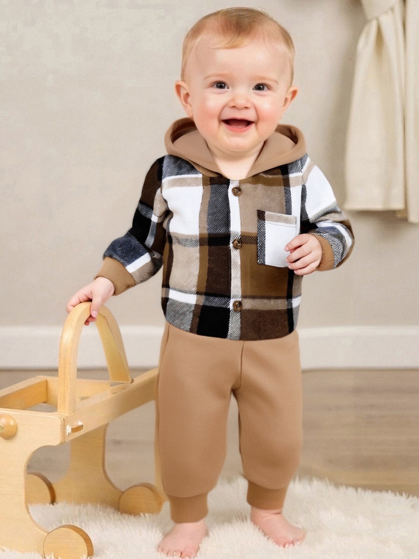 Boy Fall Outfit Two Piece Plaid Long Sleeve Hooded Romper And Elastic Waist Joggers Set For Outdoor Play