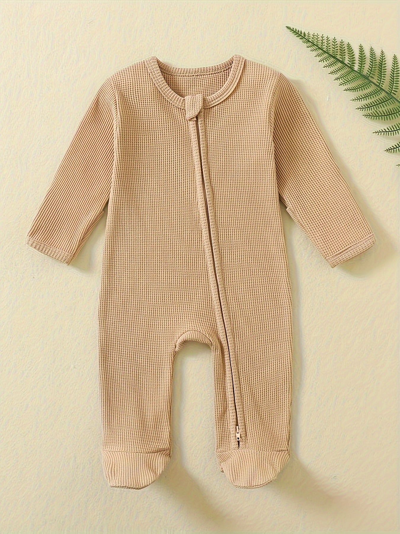 [3pcs Baby Romper] 3pcs Newborn Baby Boys One Piece Romper | Long Sleeve Waffle Solid Color Jumpsuit | With Mitten Cuffs Zipper Outfit Clothes for Outdoor