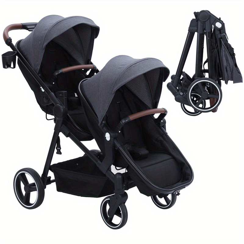 Double Stroller Track Tandem Stroller With Sunshade and Storage Basket Black