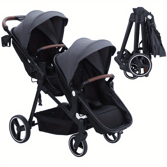 Double Stroller Track Tandem Stroller With Sunshade and Storage Basket Black