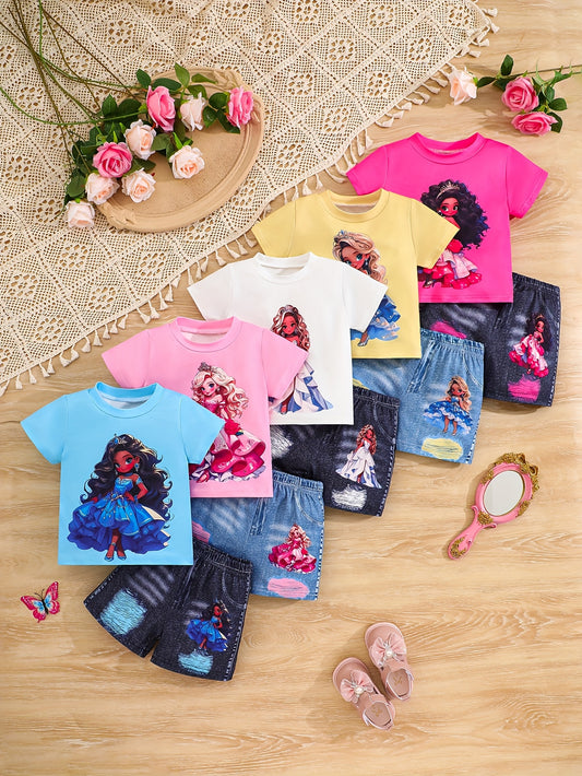 5 Sets/10pcs Youngsters' Casual Cute Princess Girl Printed Pattern Soft Comfortable Knitted Fabric Short Sleeve T-Shirt and Shorts Set, Suitable for Daily Outdoor Wear