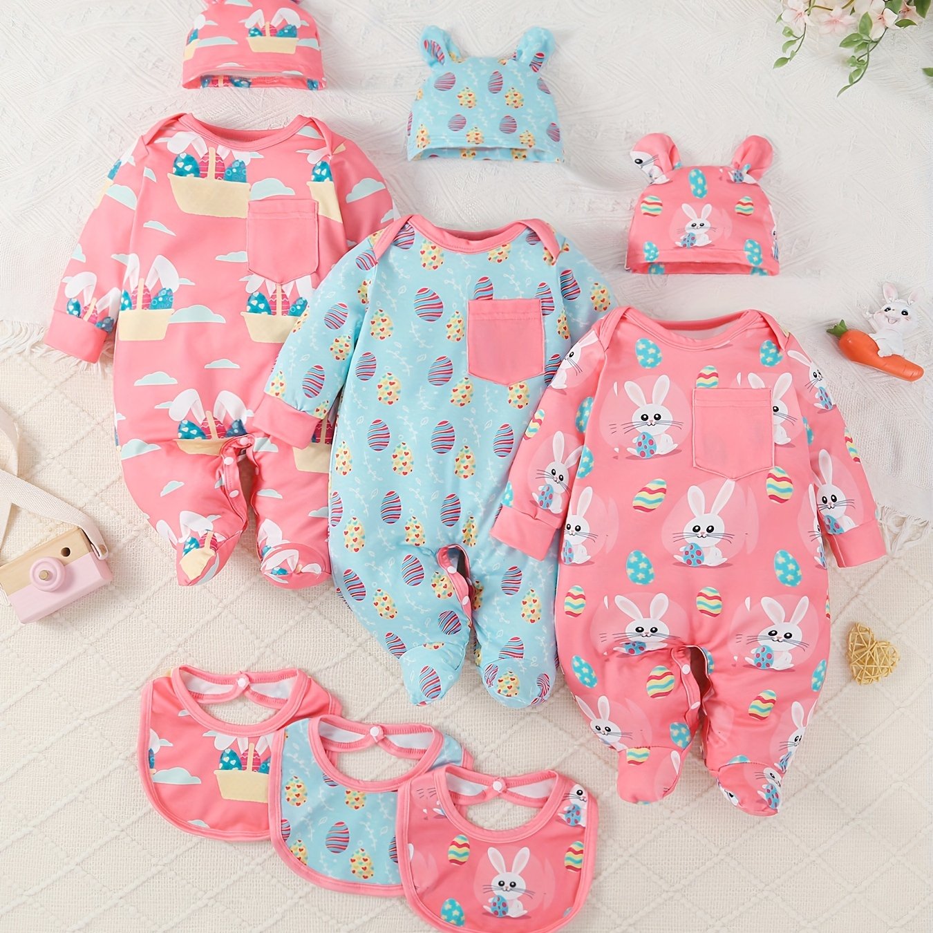 Newborn Girl 9Pc All Season Outfit Set With Bunny Hat