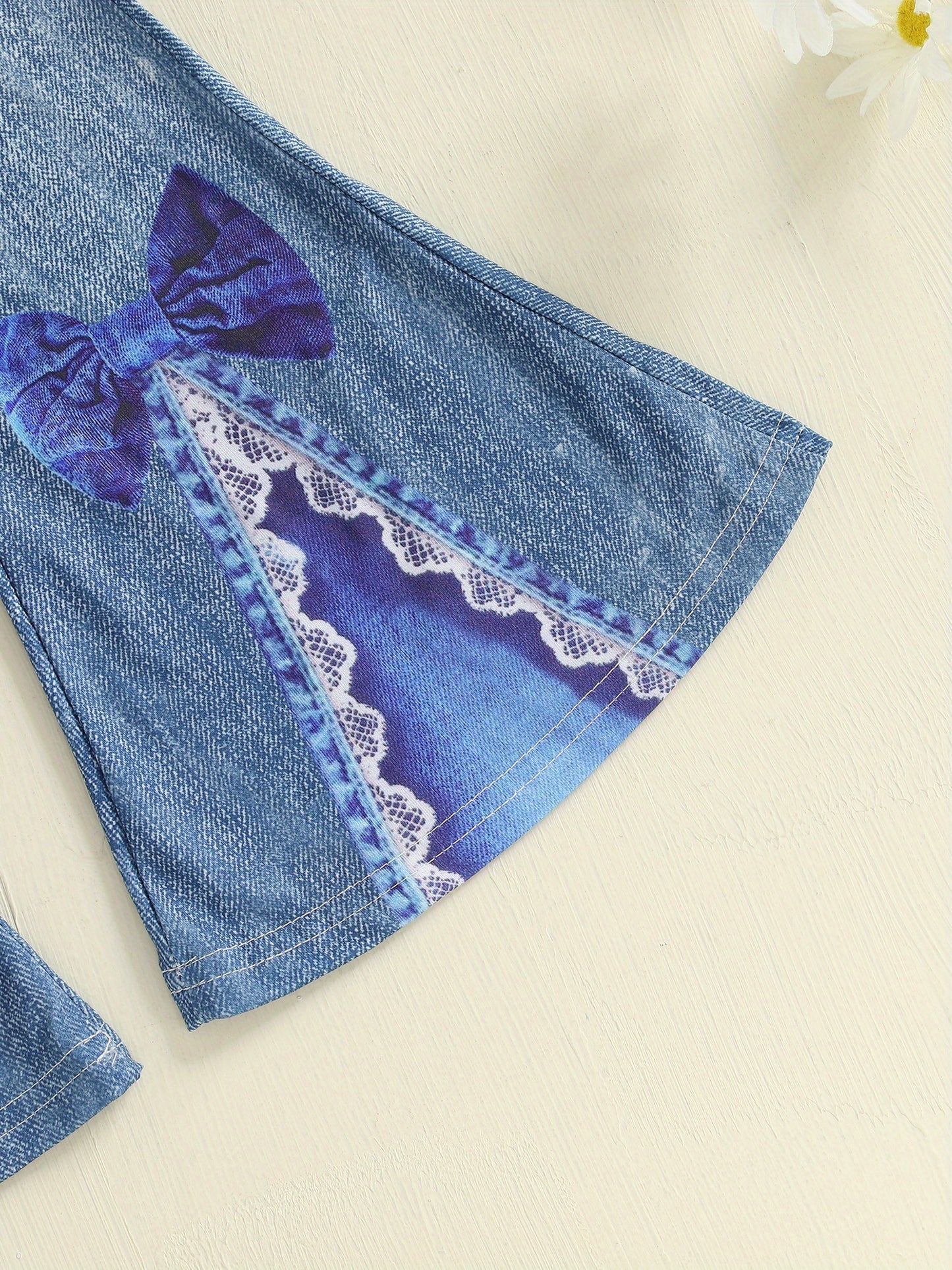 Little Toddler Girl Summer Outfit Butterfly Pattern Crew Neck Short Sleeve T-Shirt and Denim Bell Bottoms 2pcs Set, Perfect for Outdoor