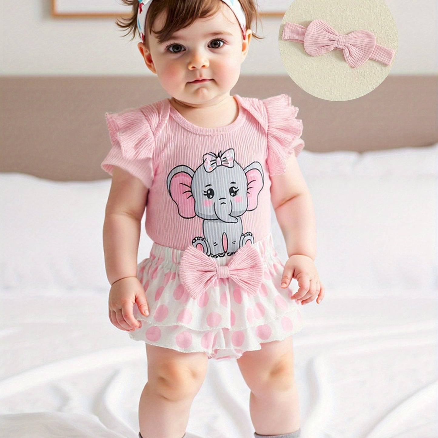 Baby Girls Summer Outfit Set Elephant Print Romper With Ruffle Shorts And Headband 3pc