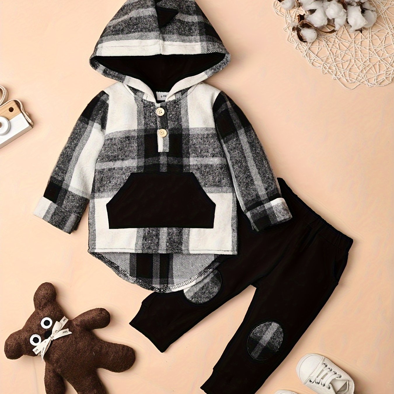 Toddler Boy Plaid Dinosaur Hoodie and Pants Set for Fall and Winter Ages 6 Months to 5 Years