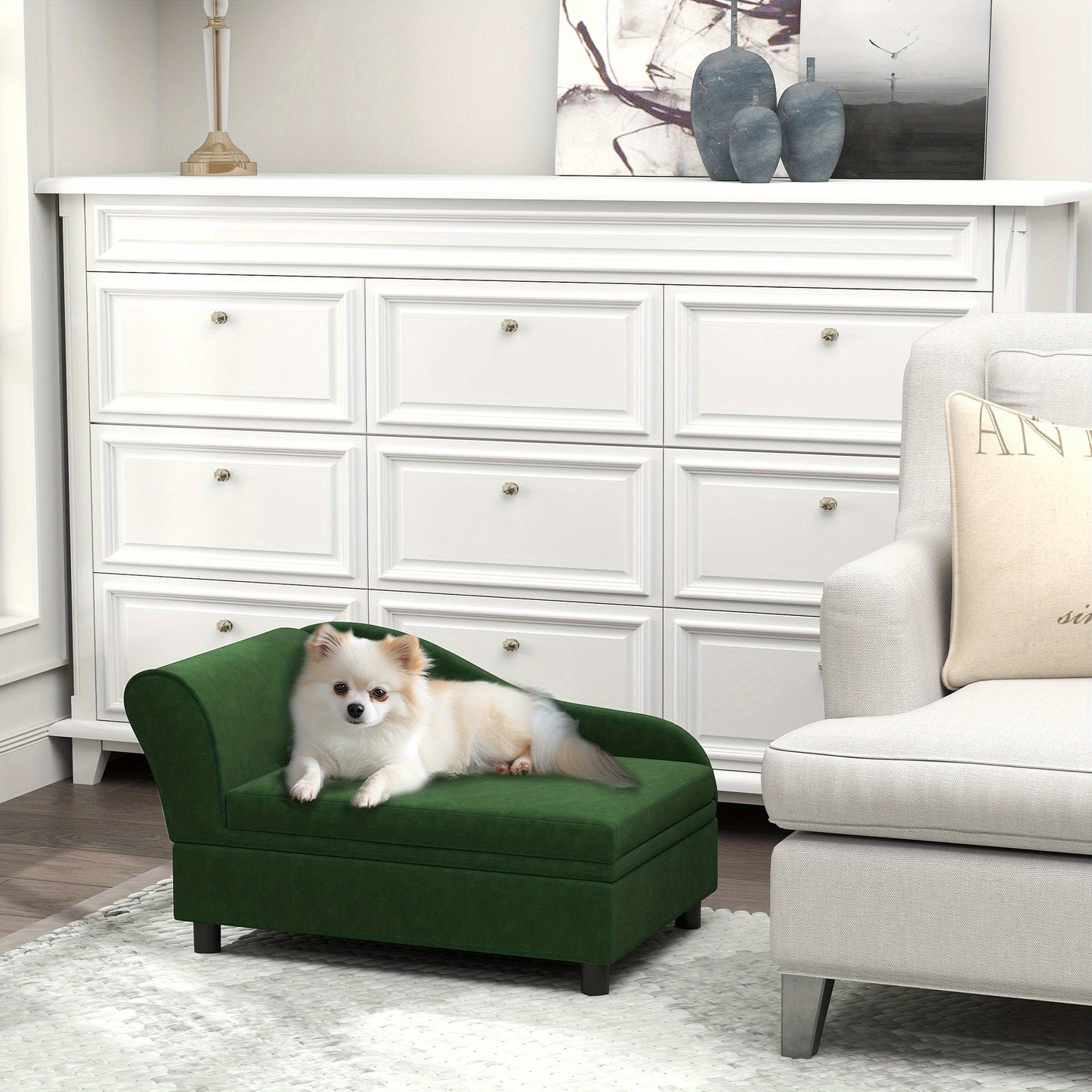 PawHut Luxury Green Small Dog Sofa Bed with Storage Comfy Modern Design for Cozy Homes