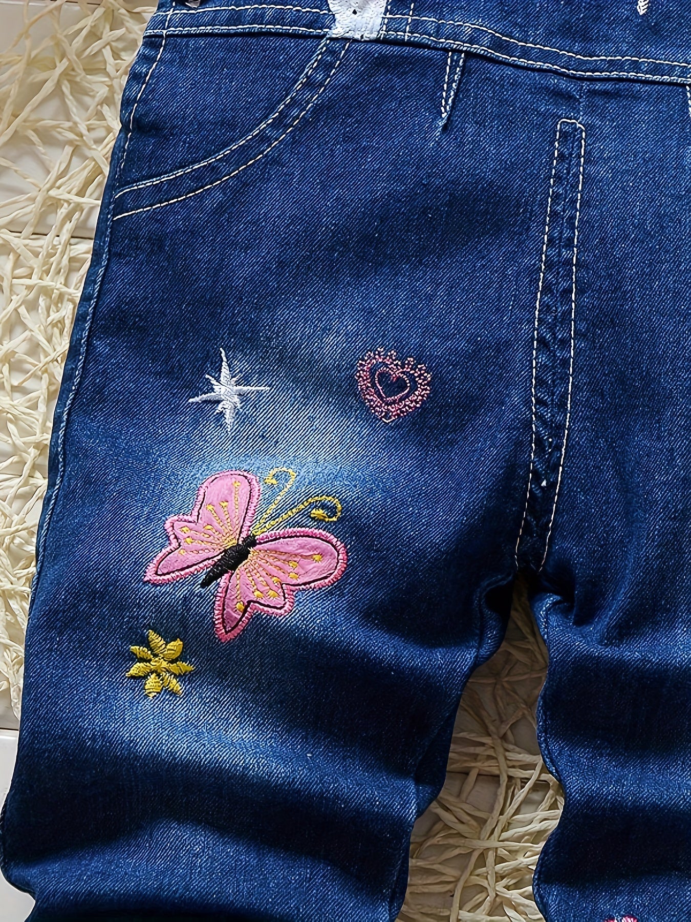 Girls' Jeans-like Overalls - Non-Stretch Denim-Style Toddler pants, Cute Butterfly & Floral decorations, Easy Hand Wash Care for Everyday & Special Occasions (0-4 Years) - Baby Girl Clothing, Toddler Girl Pants, Playful Toddl