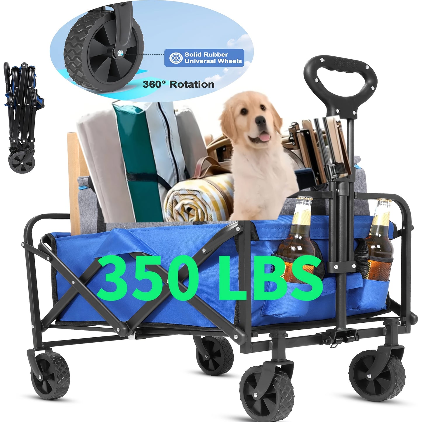 YSIATN Collapsible Folding Wagon Cart - 350LBS Capacity, 50L Large Capacity, 4 All-Terrain Wheels, 360° Rotating Front Wheels, 600D Oxford Fabric, Compact Fold & Portable for Beach, Camping, Shopping, Pet Stroller, Large Fol