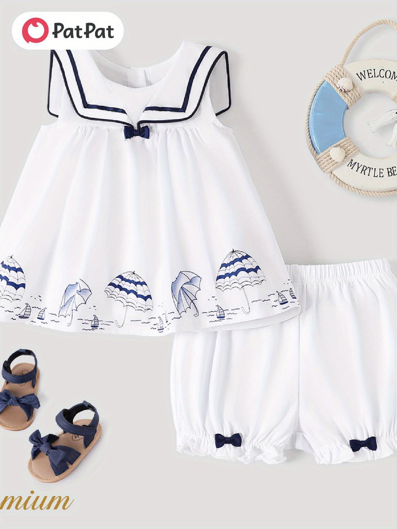 PatPat 2pcs Baby Girl Bow Decor Statement Collar Umbrella Print Sleeveless Top and Elasticized Shorts Set For Spring Summer, for Outdoor